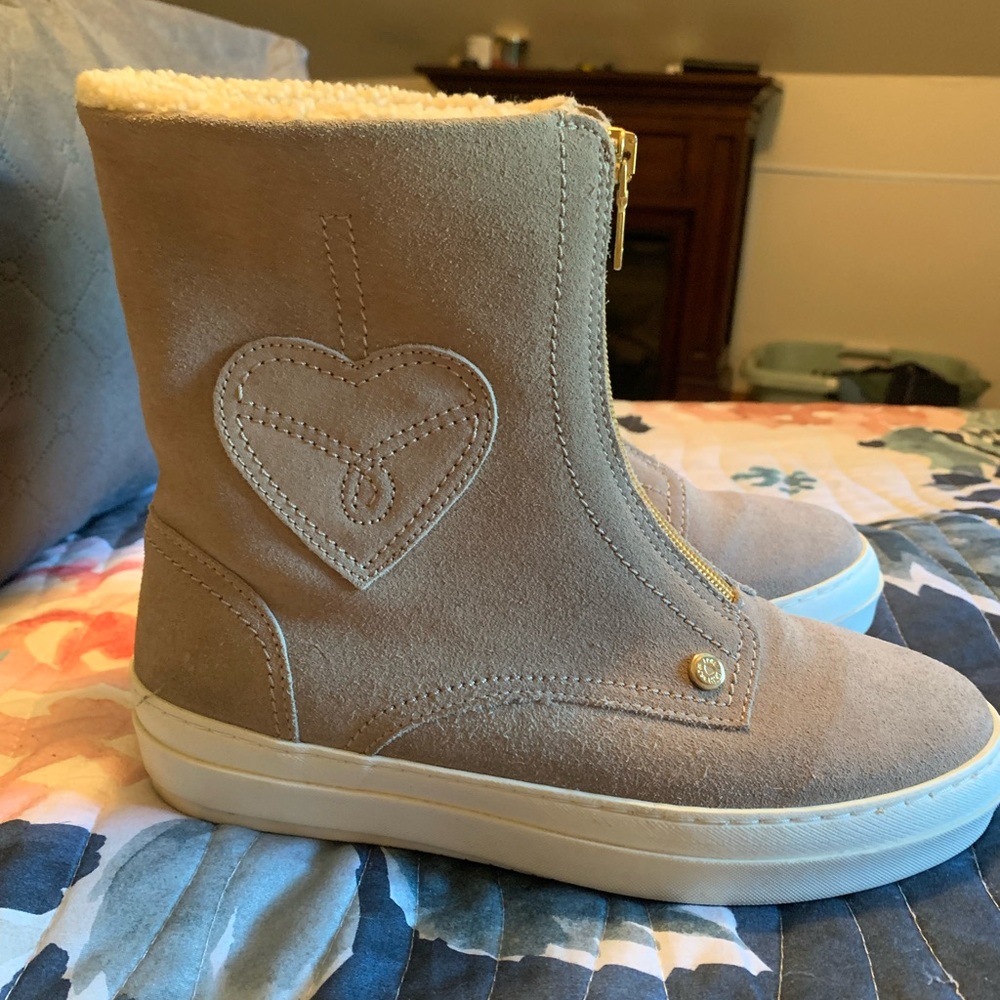 Love Moschino Tan Suede Boots with Heart Design